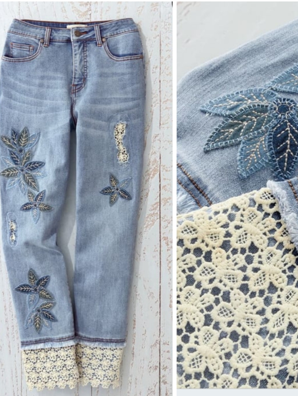 Coldwater Creek Light Blue Embroidered Lace-Hem Women’s Crop Jeans Size 10P - Picture 2 of 10